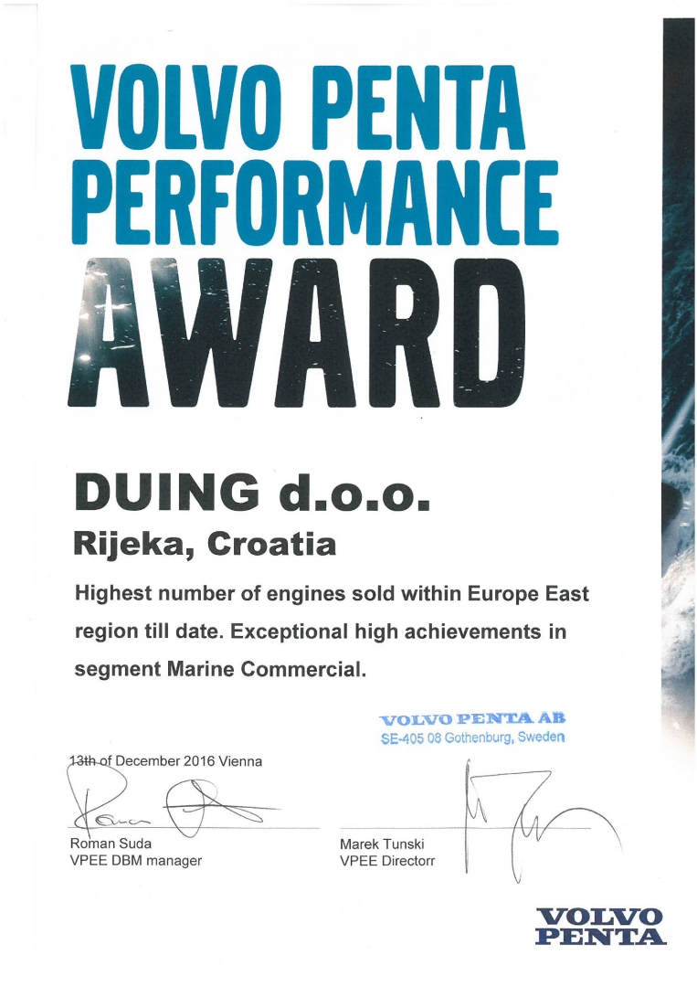 Duing d.o.o. Volvo Penta performance award winner 